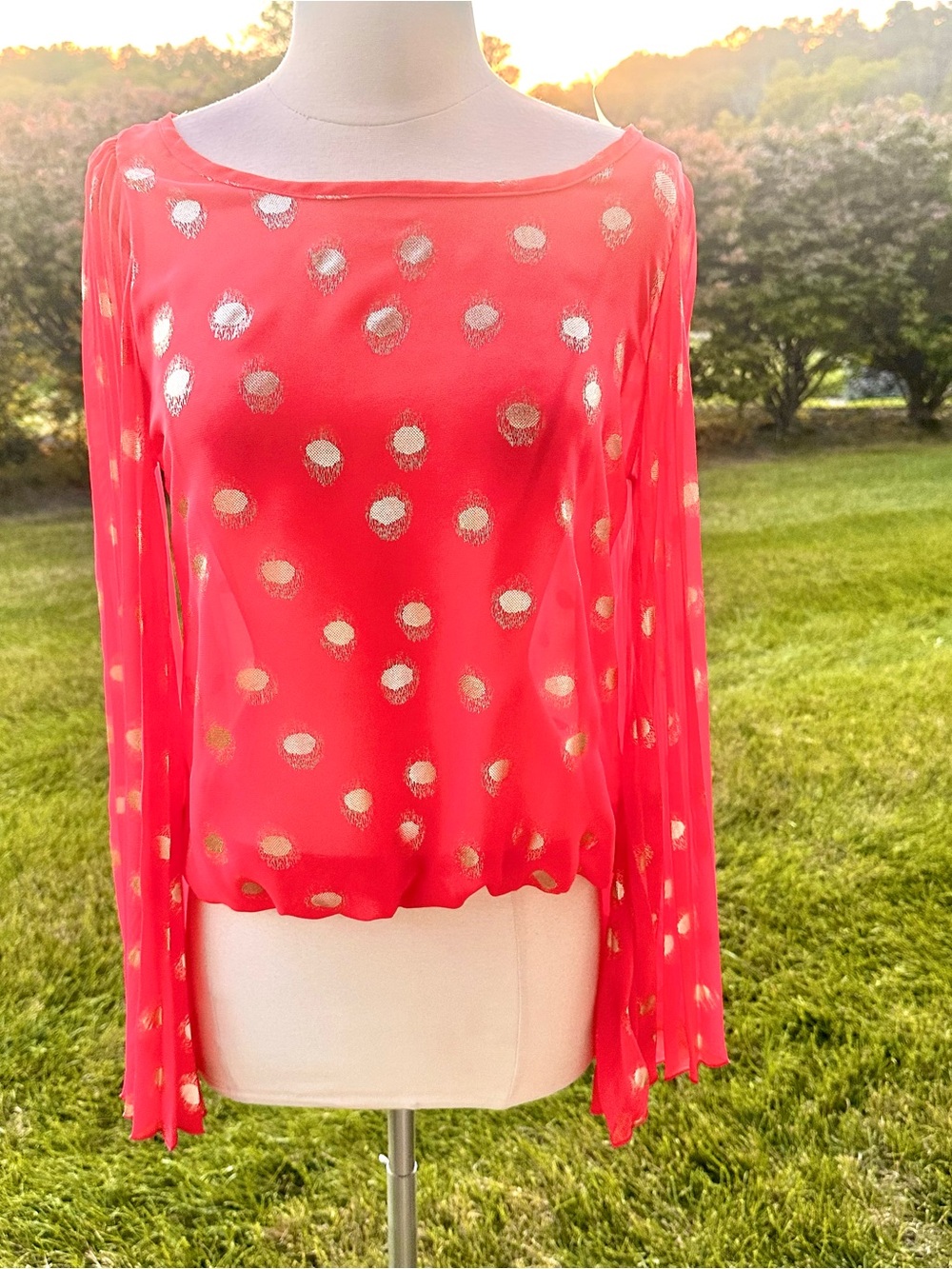 P. Luca Milano Coral Pink Gold Metallic Dot Pleated Bell Sleeve Top